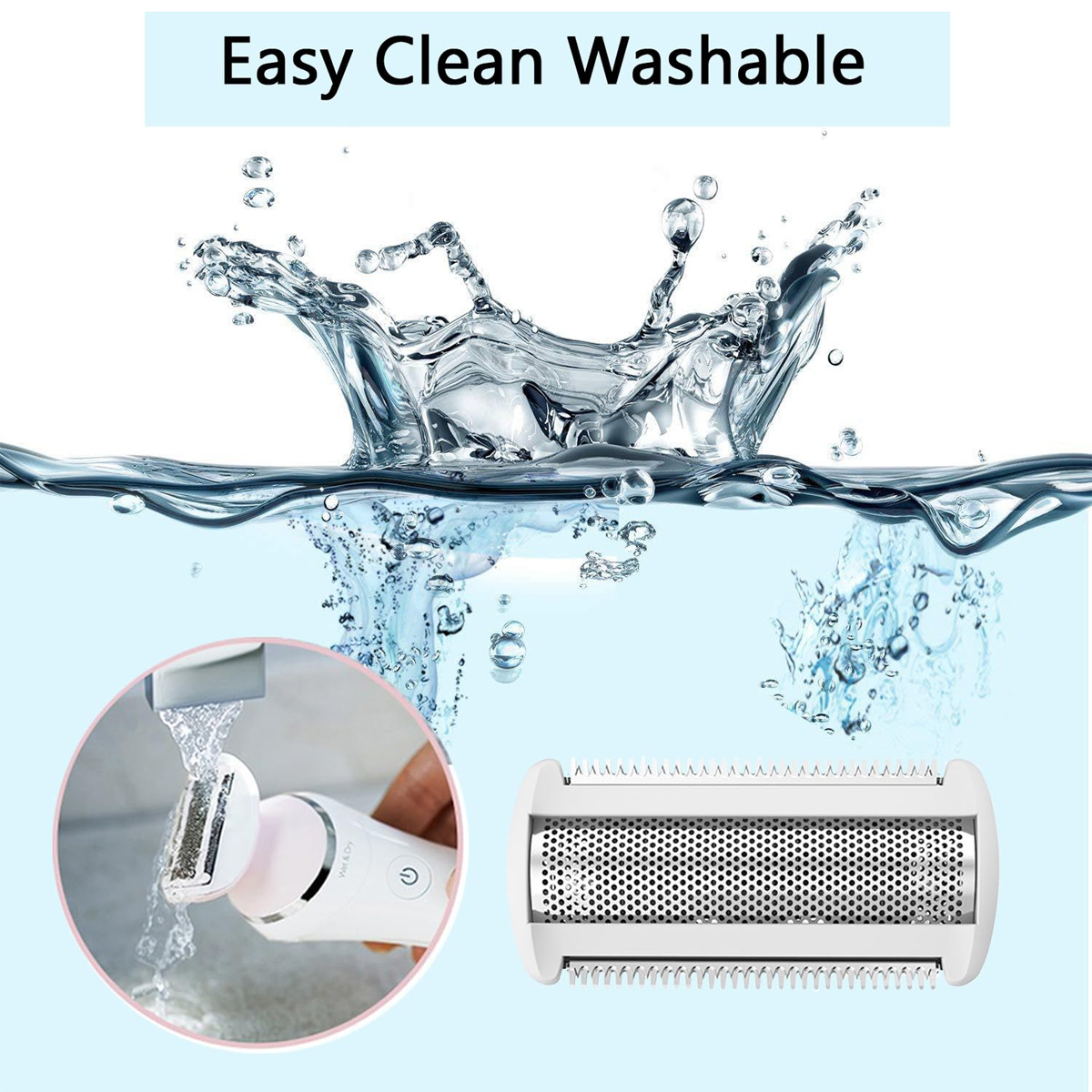 Bild zeigt einen Rasierer und Rasiererkopf in Wasser getaucht, mit Wasserspritzern und den Worten 'Easy Clean Washable' oben.
