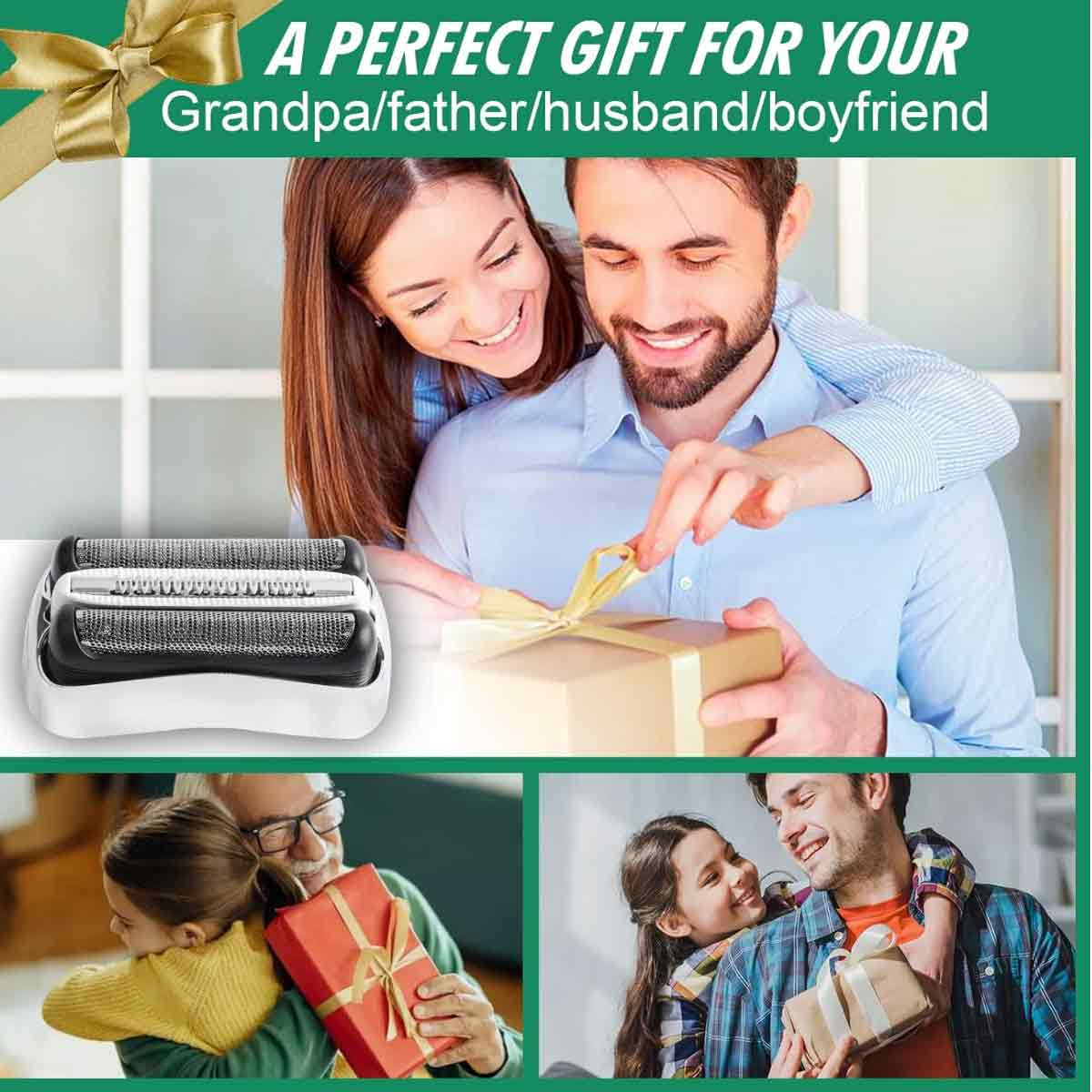 Bild zeigt einen Mann, der ein Geschenk öffnet, eine Frau umarmt ihn. Text: Ein perfektes Geschenk für Ihren Opa/Vater/Ehemann/Freund. Auch ein Rasierer.