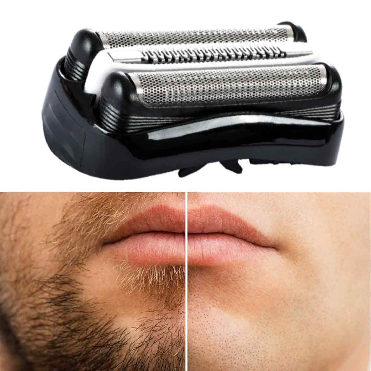 Elektrischer Rasierapparat über einem geteilten Bild, das das Gesicht eines Mannes vor und nach der Rasur zeigt.