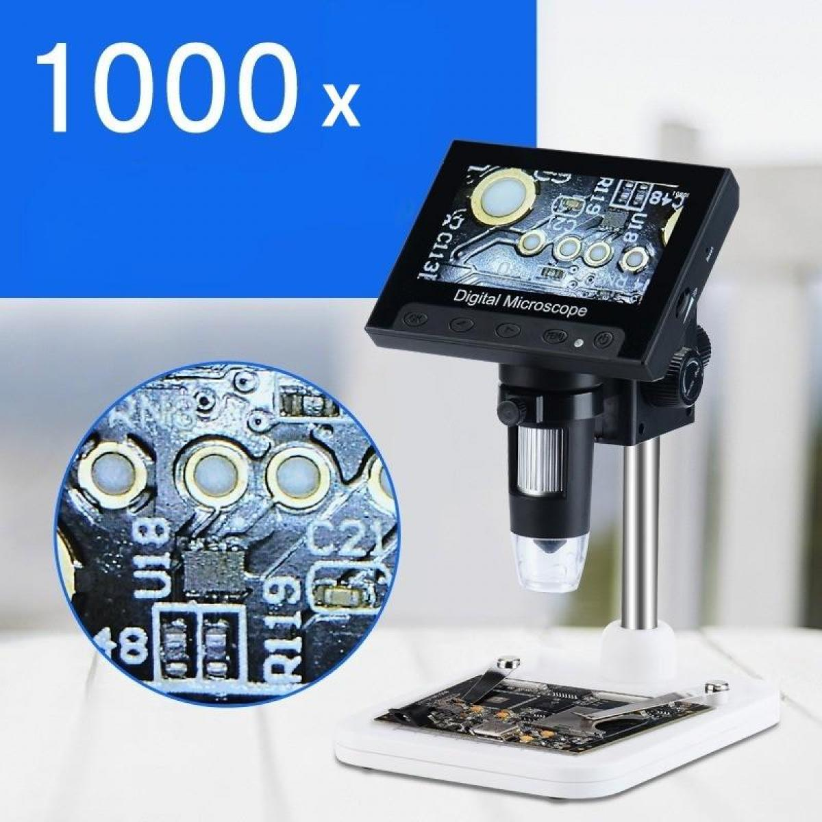 Digitalmikroskop auf weißem Ständer, blauer Hintergrund. Vergrößerte Ansicht der Leiterplatte mit Text: Digital Microscope, 1000x.