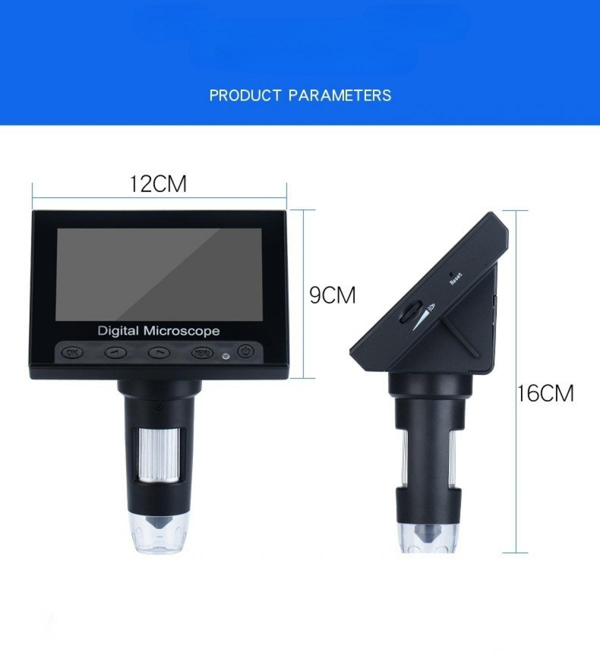 Digitalmikroskop mit LCD-Bildschirm, Knöpfen und verstellbarem Ständer. Abmessungen: 12 cm, 9 cm, 16 cm. Produktparameter sichtbar.