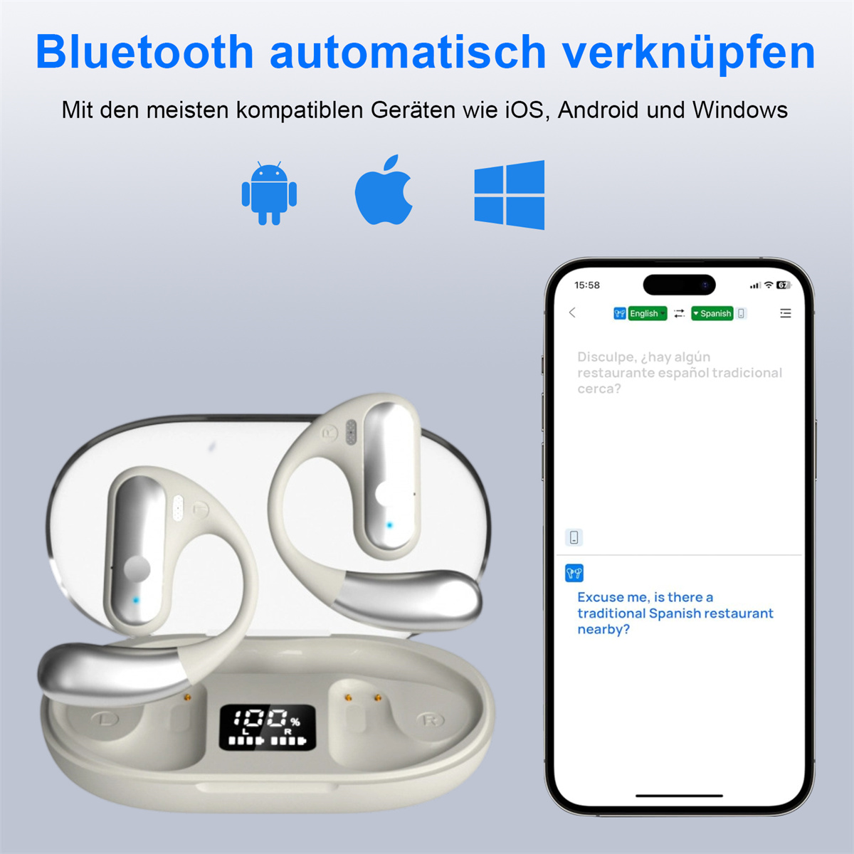 Kopfhörer im Ladekoffer, Telefon zeigt Übersetzungs-App, Bluetooth-Info oben. Android-, Apple- und Windows-Icons.