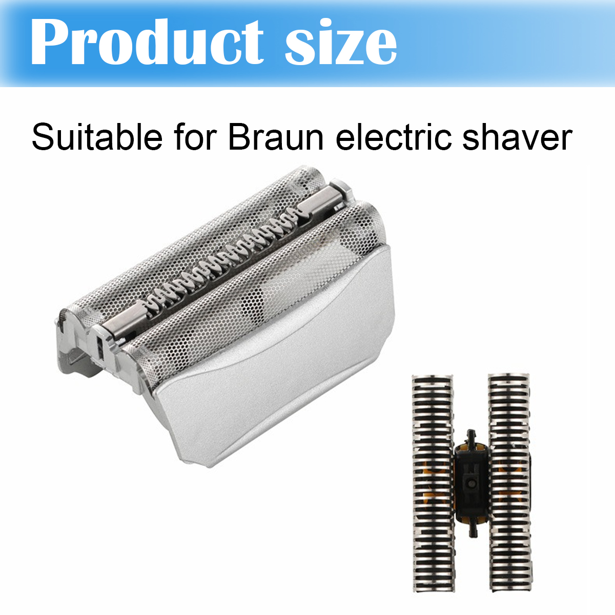 Das Bild zeigt einen silbernen Rasiererkopf und einen schwarz-silbernen Trimmerkopf, mit dem Text: Produktgröße, Geeignet für Braun Elektrorasierer.
