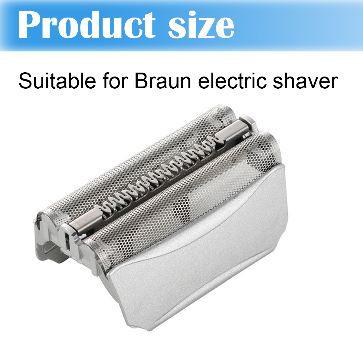 Ein silberner Rasiererkopf für Braun-Elektro-Rasierer. Der Kopf besteht aus einem Metallgitter mit silberner Basis. Text: Produktgröße.