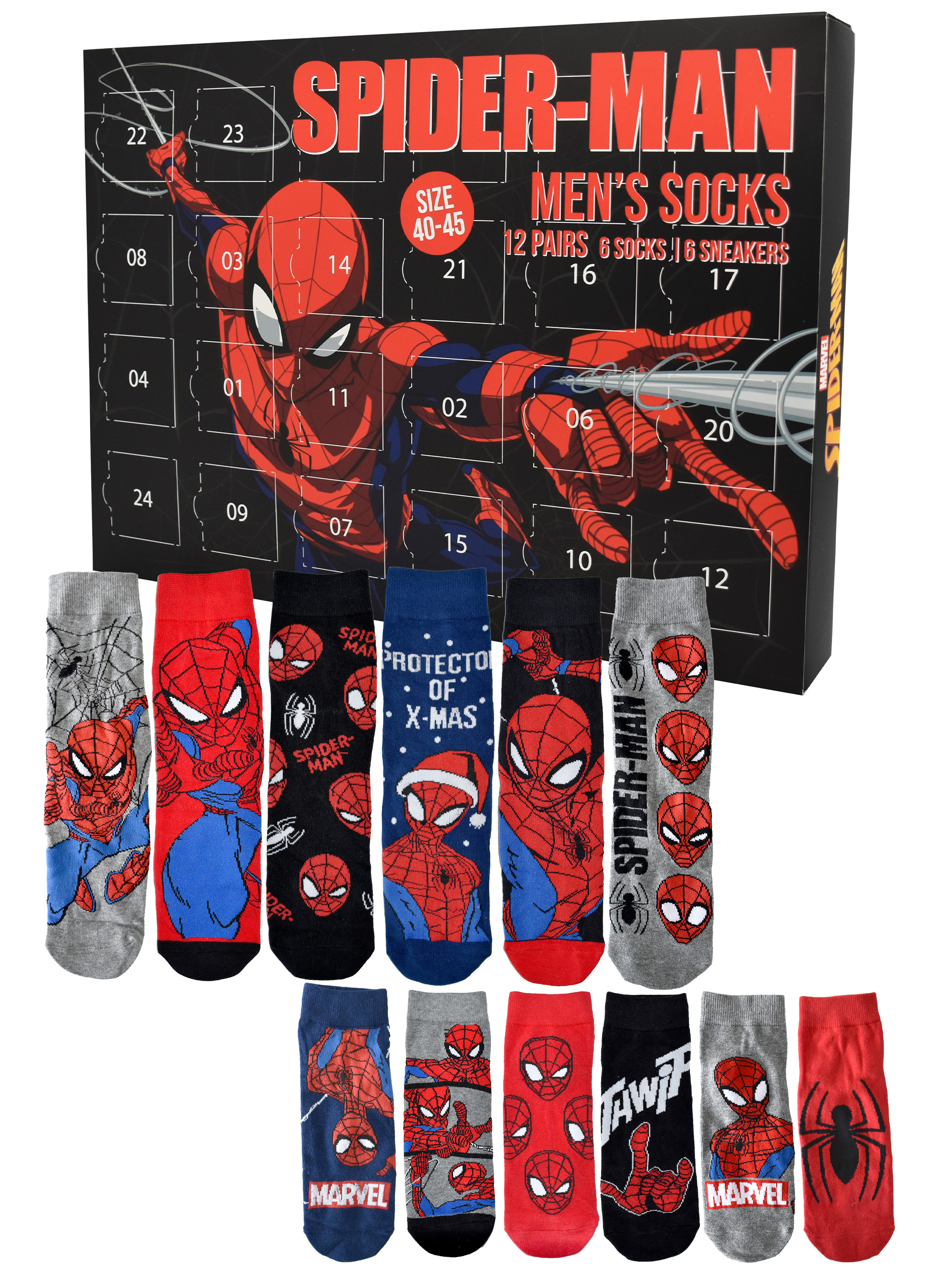 Ein Adventskalender für Socken im Spider-Man-Design mit verschiedenen Socken mit Spider-Man-Motiven. Auf der Box steht 'Spider-Man Men's Socks'.