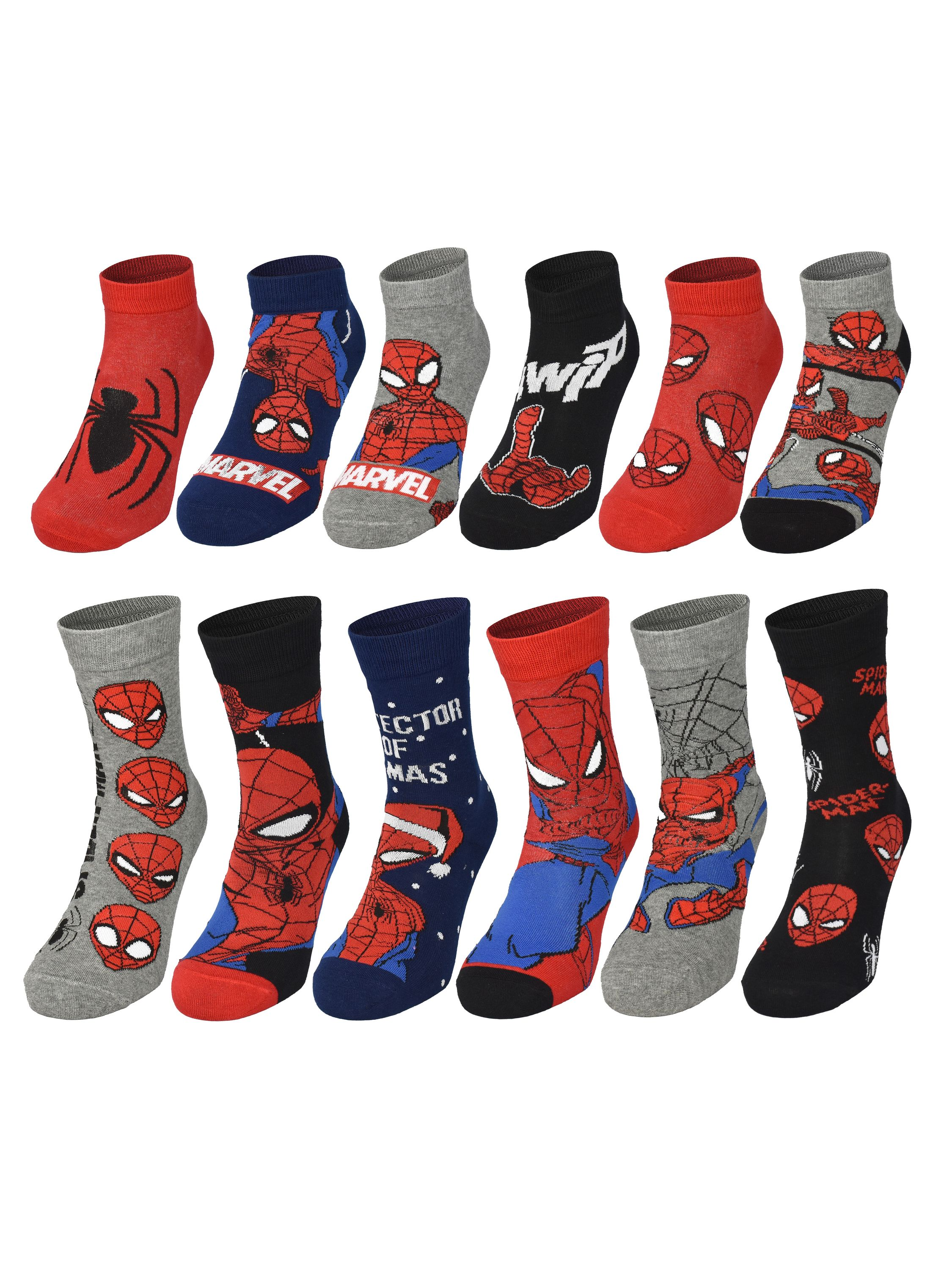 Reihen von Spider-Man-Socken in Rot, Blau, Schwarz und Grau. Designs umfassen Spider-Man-Gesichter, Logos und ein Weihnachtsthema.