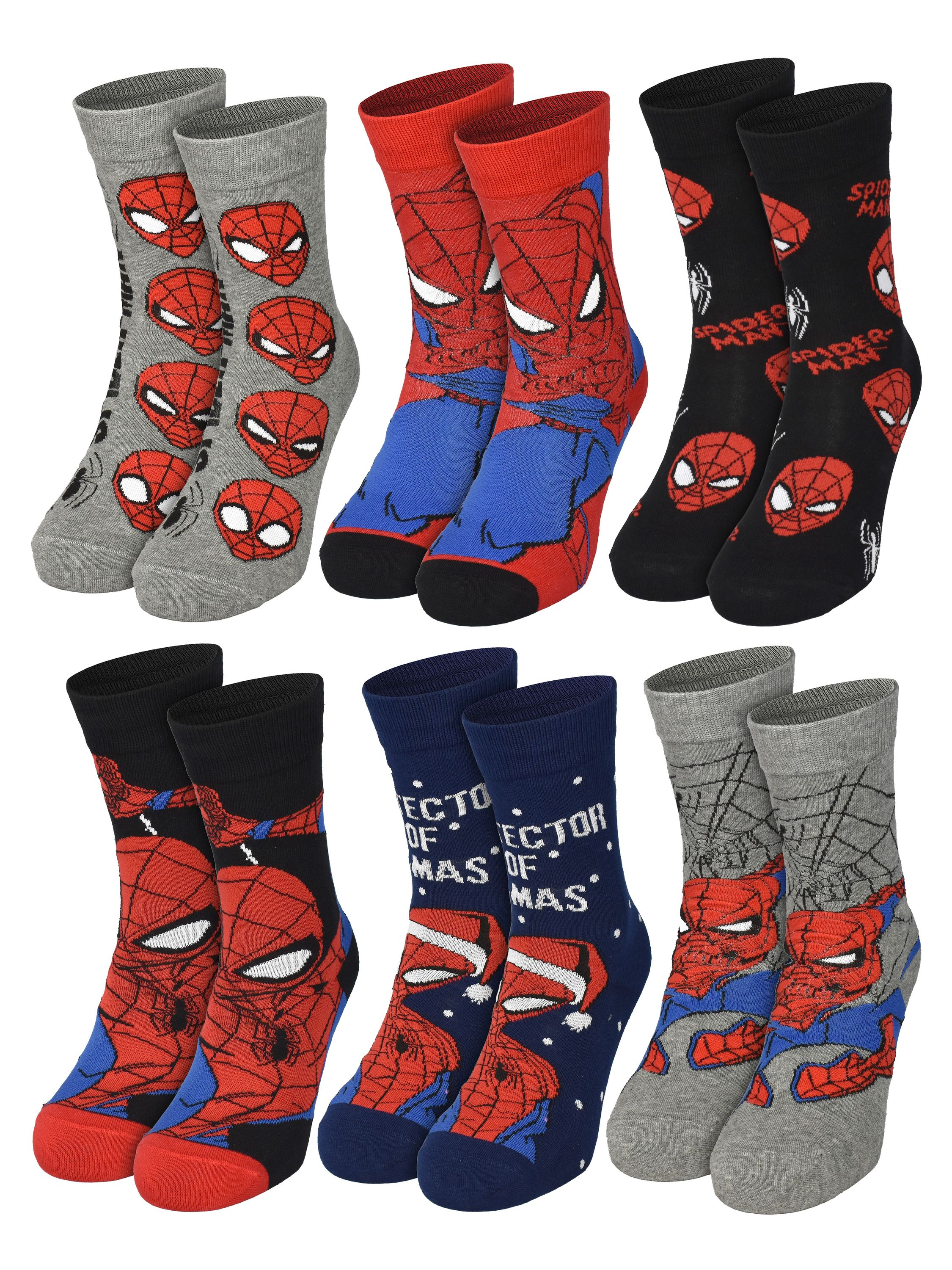 Eine Sammlung verschiedener Socken zum Thema Spider-Man in verschiedenen Farben. Die Socken zeigen Spider-Mans Gesicht und Netzdesigns.