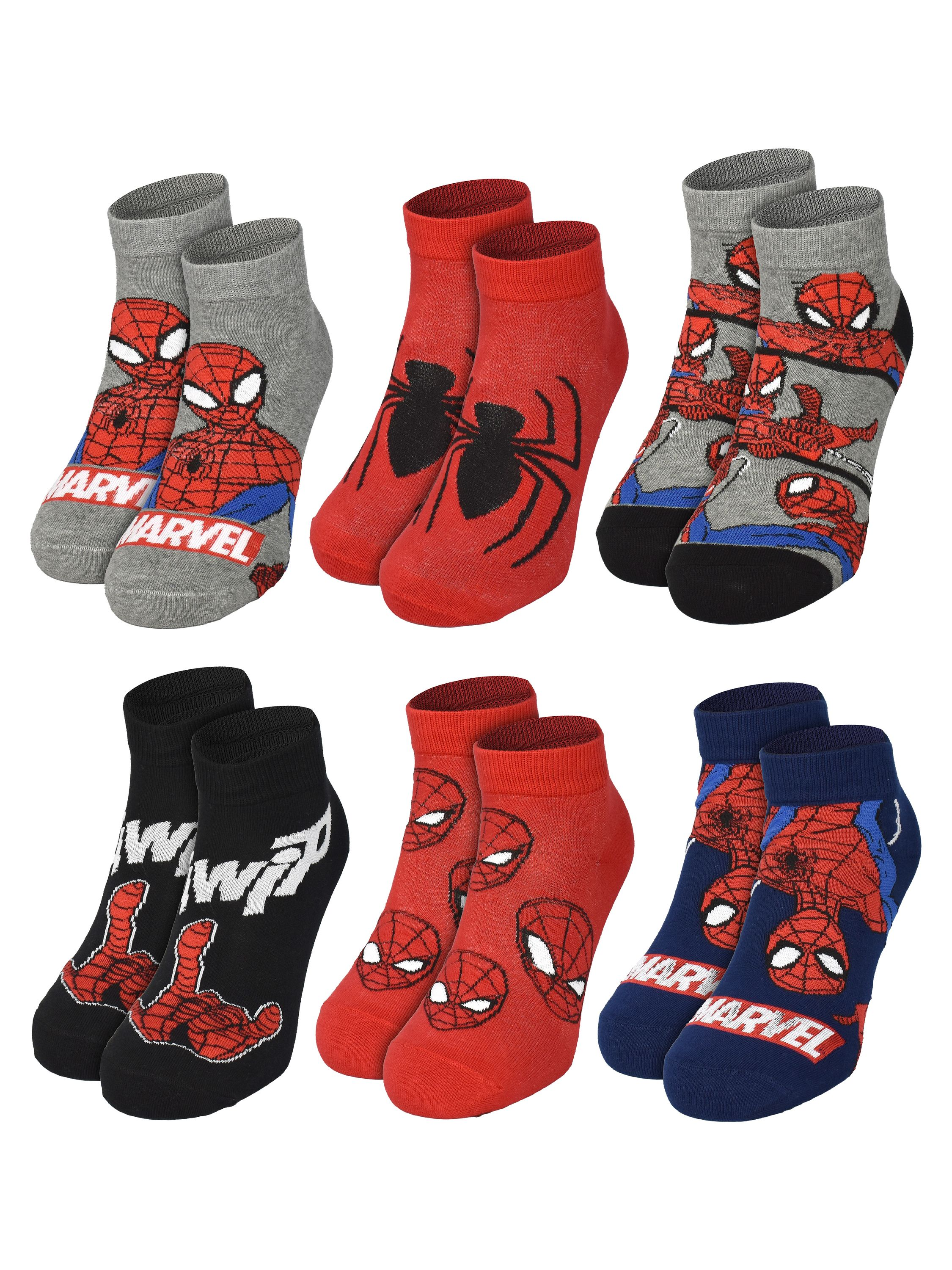 Sammlung von Spider-Man-Socken. Graue, rote und schwarze Socken. Mit Spider-Man und Marvel-Logos.