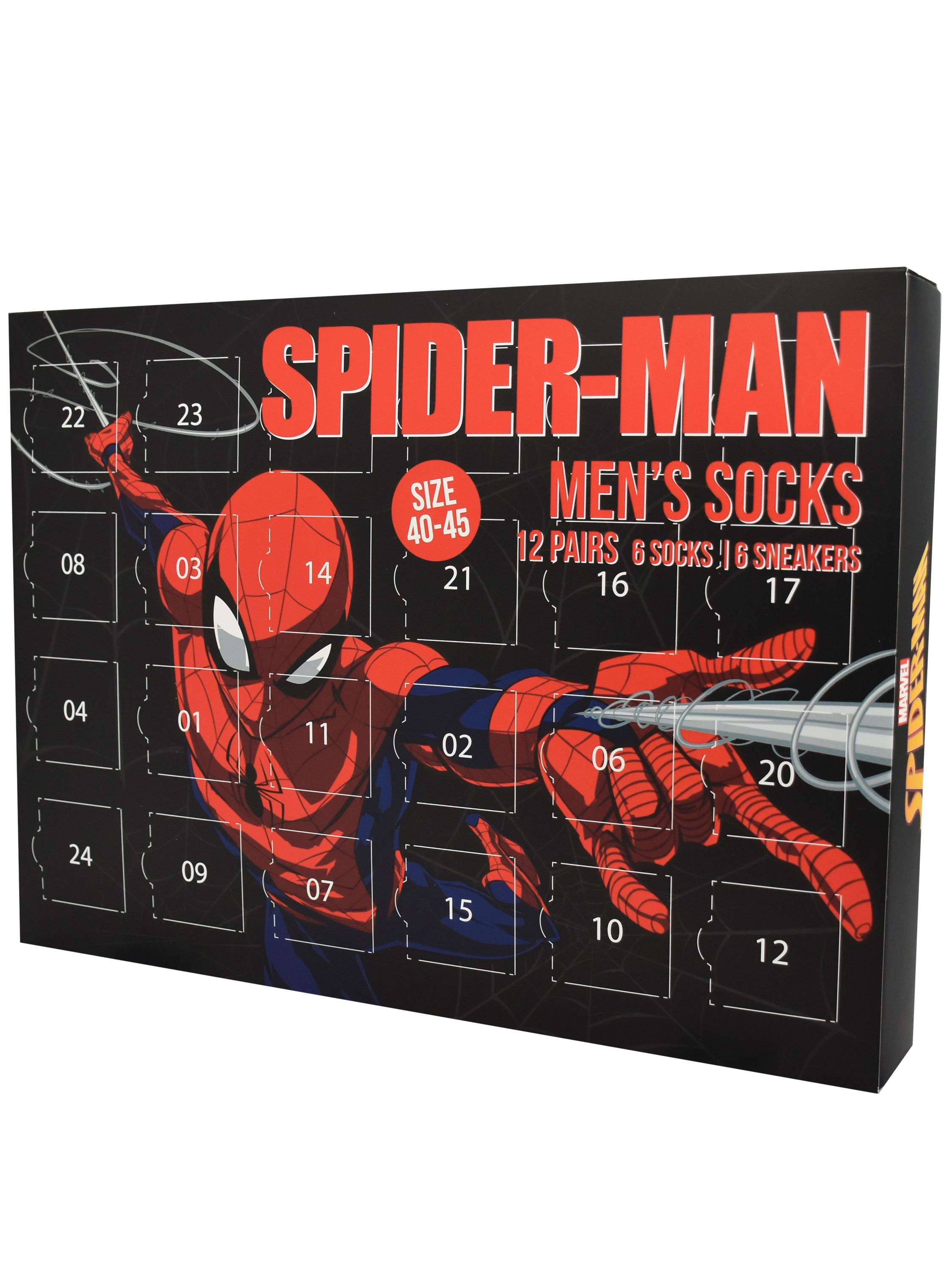 Box mit Spider-Man-Design. Es steht "Herrensocken" und hat nummerierte Fächer. Das Spider-Man-Logo ist sichtbar.