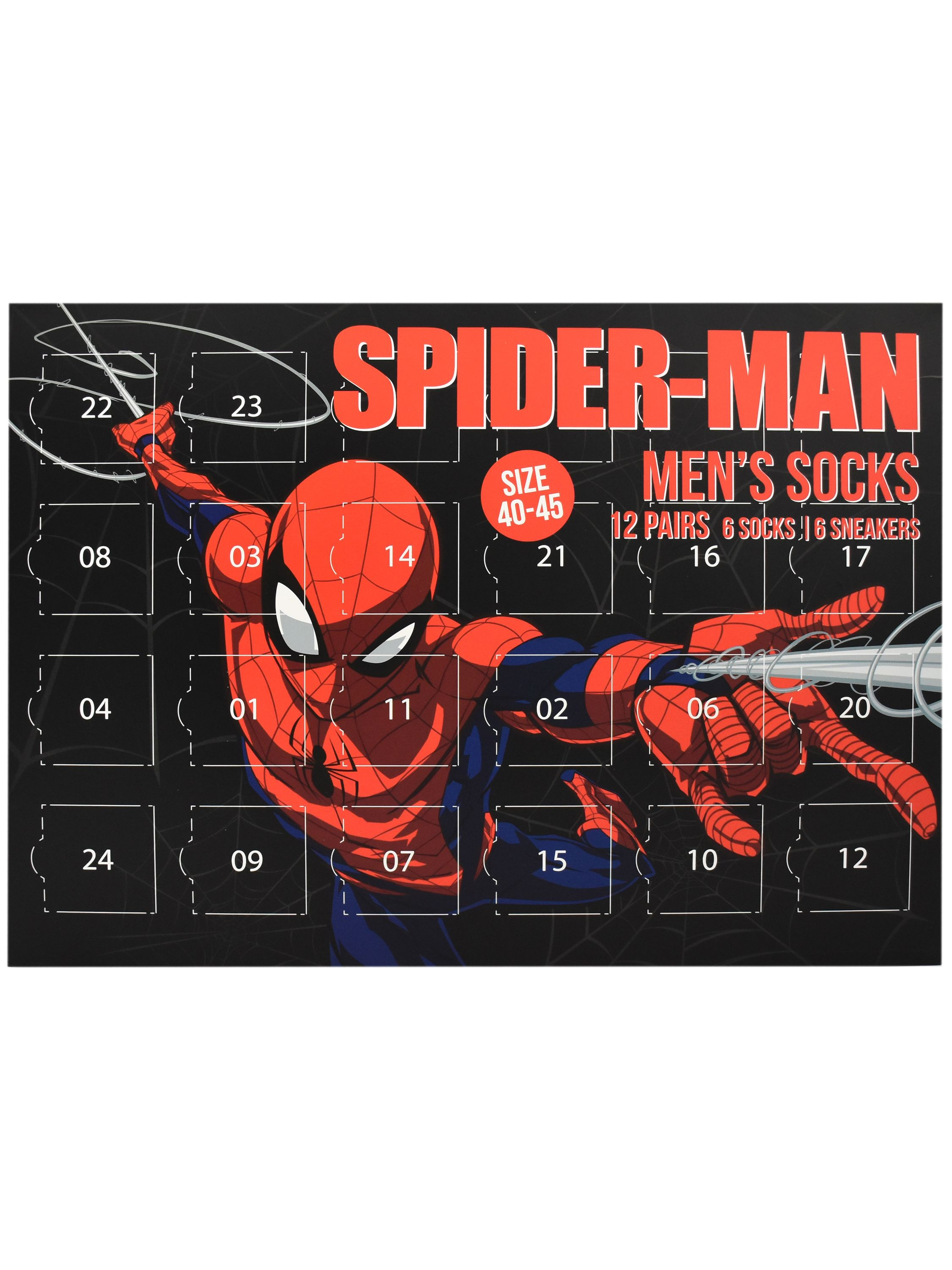 Spider-Man Socken-Adventskalender. Rotes und blaues Superheldenbild auf schwarzem Hintergrund, mit Zahlen in Kästchen.
