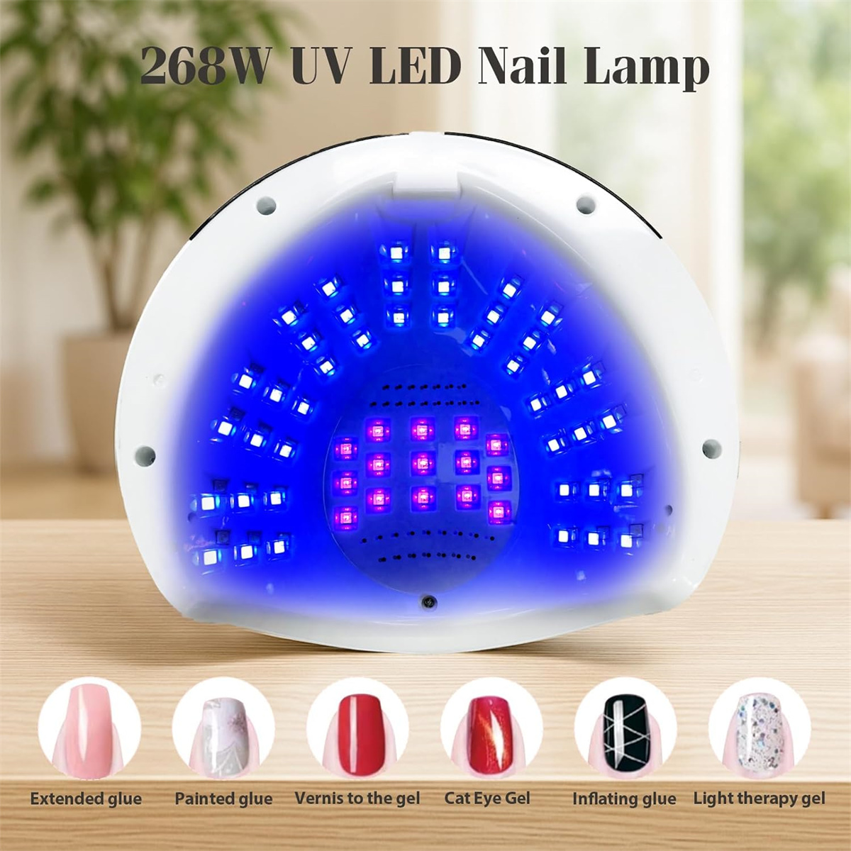 Eine weiße UV-LED-Nagellampe mit blauen und violetten Lichtern. Unten Beispiele für Nagelkunst: verlängerter Kleber, bemalt, Gel-Lack, Katzenauge, aufblasend, Lichttherapie.