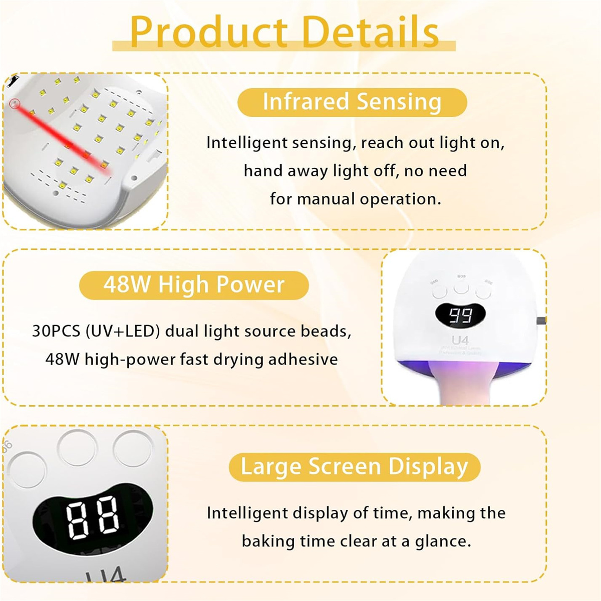 Produktdetails: Infrarotsensor, 48W Hochleistung, großes Display. Merkmale Nagellampe mit Zeitanzeige.
