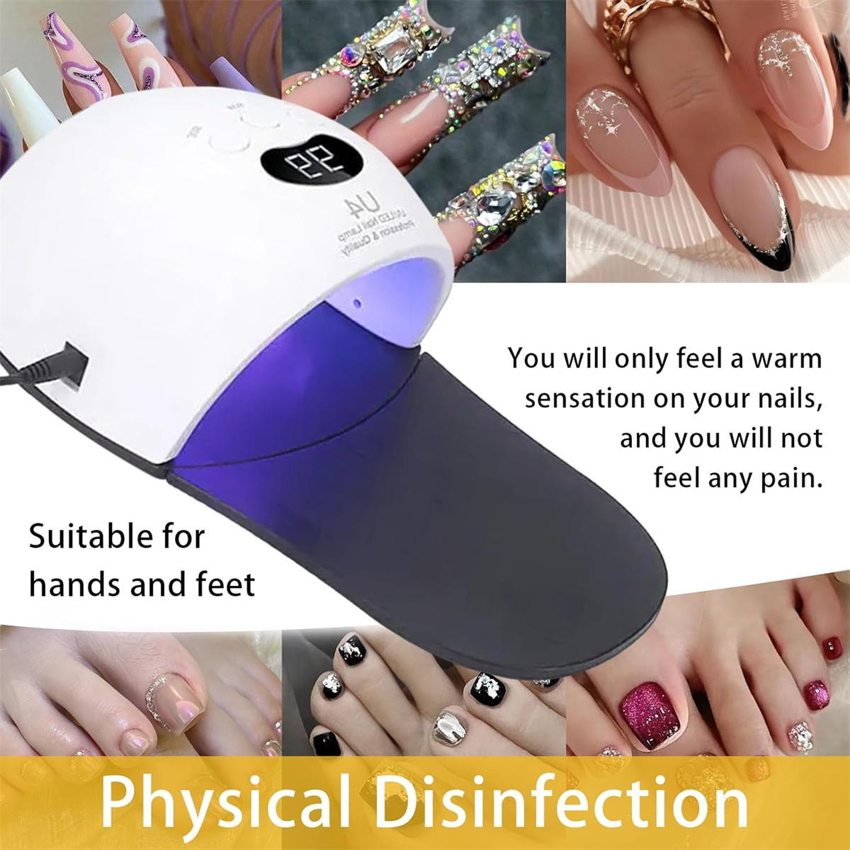 Eine Nagel-UV-Lampe mit verschiedenen Nagelkunstbeispielen. Hände und Füße mit unterschiedlichen Nageldesigns. Text: Physikalische Desinfektion.