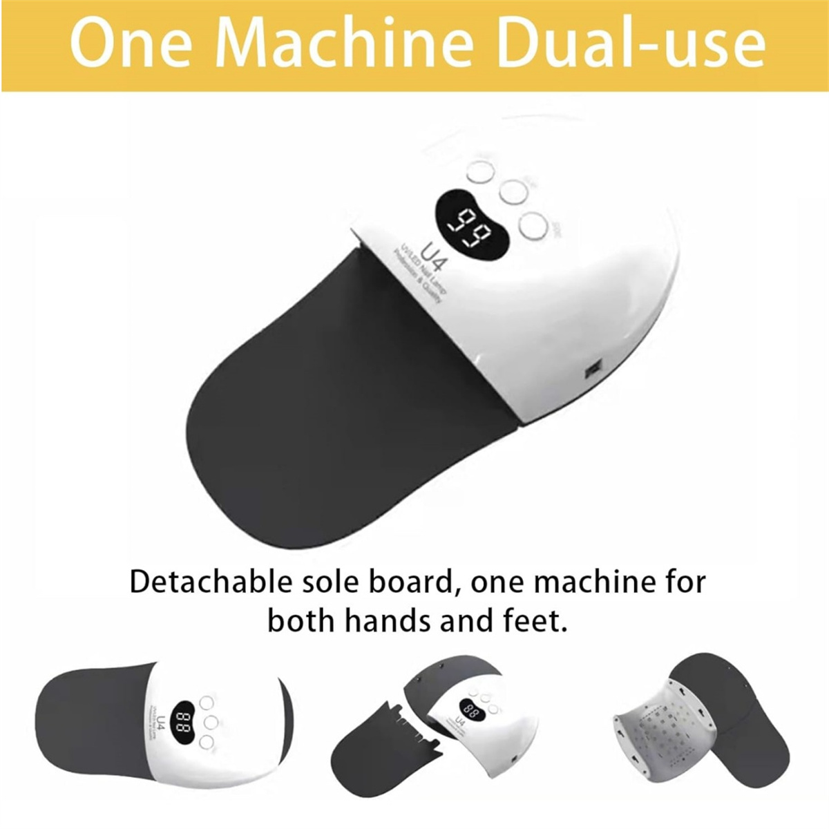 Weiße Nagellampe mit schwarzer abnehmbarer Sohle. Zeigt die Zeit 99 an. Text: One Machine Dual-use, Detachable sole board, für beide Hände und Füße.