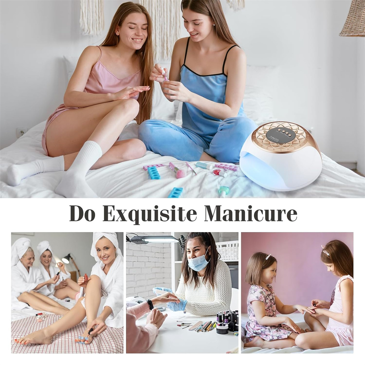 Frauen machen Maniküre. Oben: Zwei Frauen auf dem Bett, Nagellampe. Unten: Weitere Mani-Bilder.