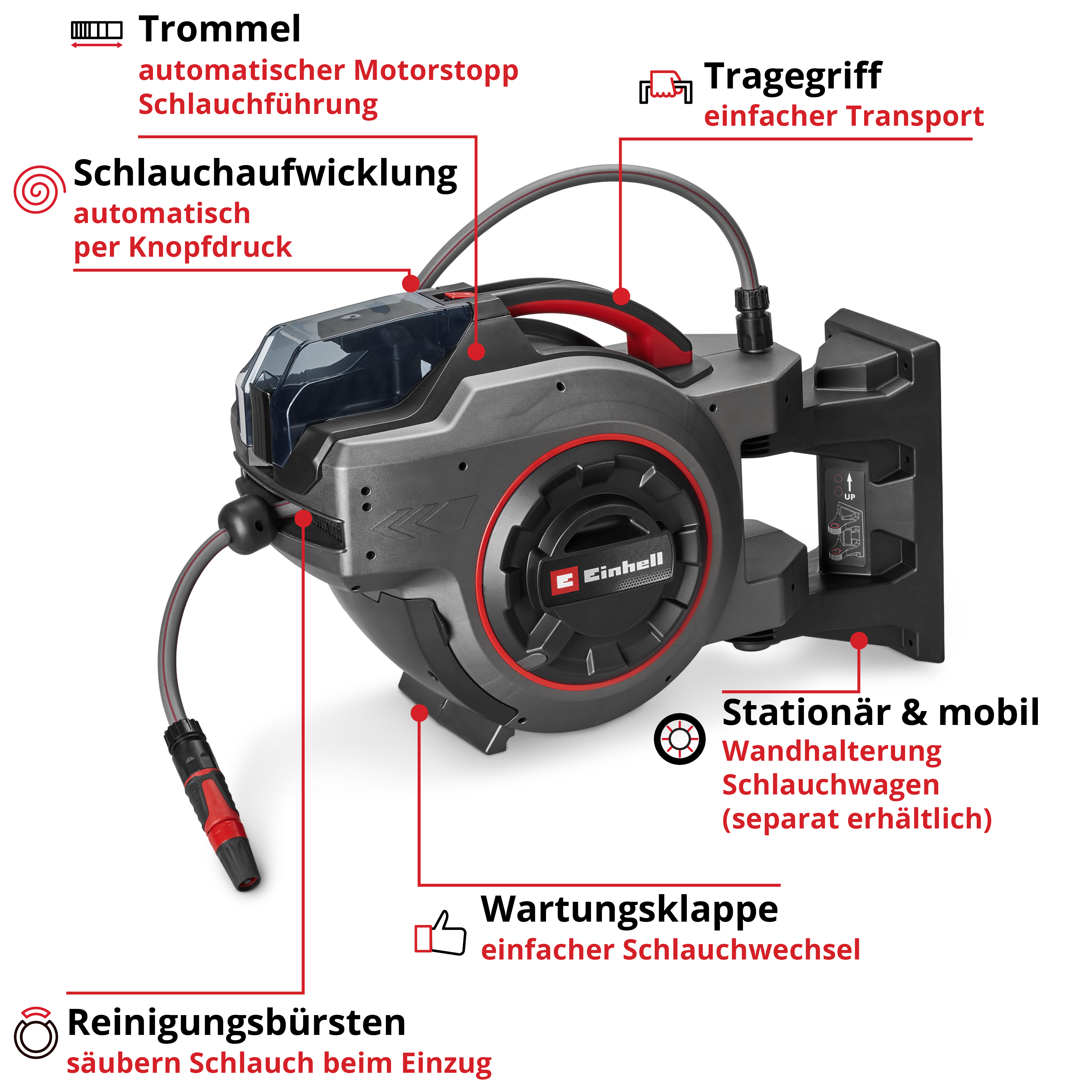 Eine grau-rote Schlauchtrommel wird gezeigt. Sie hat einen Tragegriff, automatischen Schlauchaufrollung und Reinigungsbürsten.