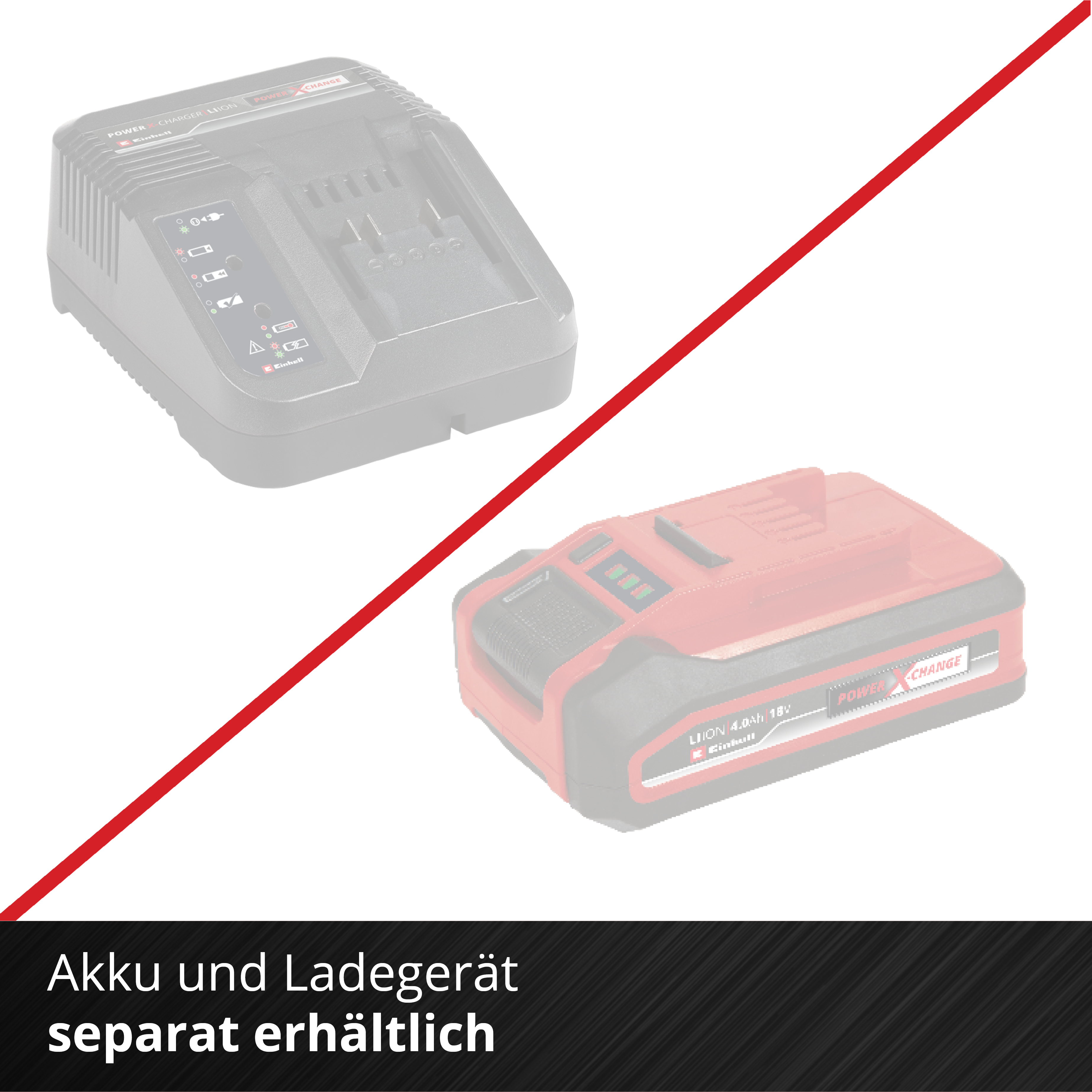 Bild zeigt Ladegerät und Akku. Rote Diagonale trennt oben und unten. Text unten: Akku und Ladegerät separat erhältlich.
