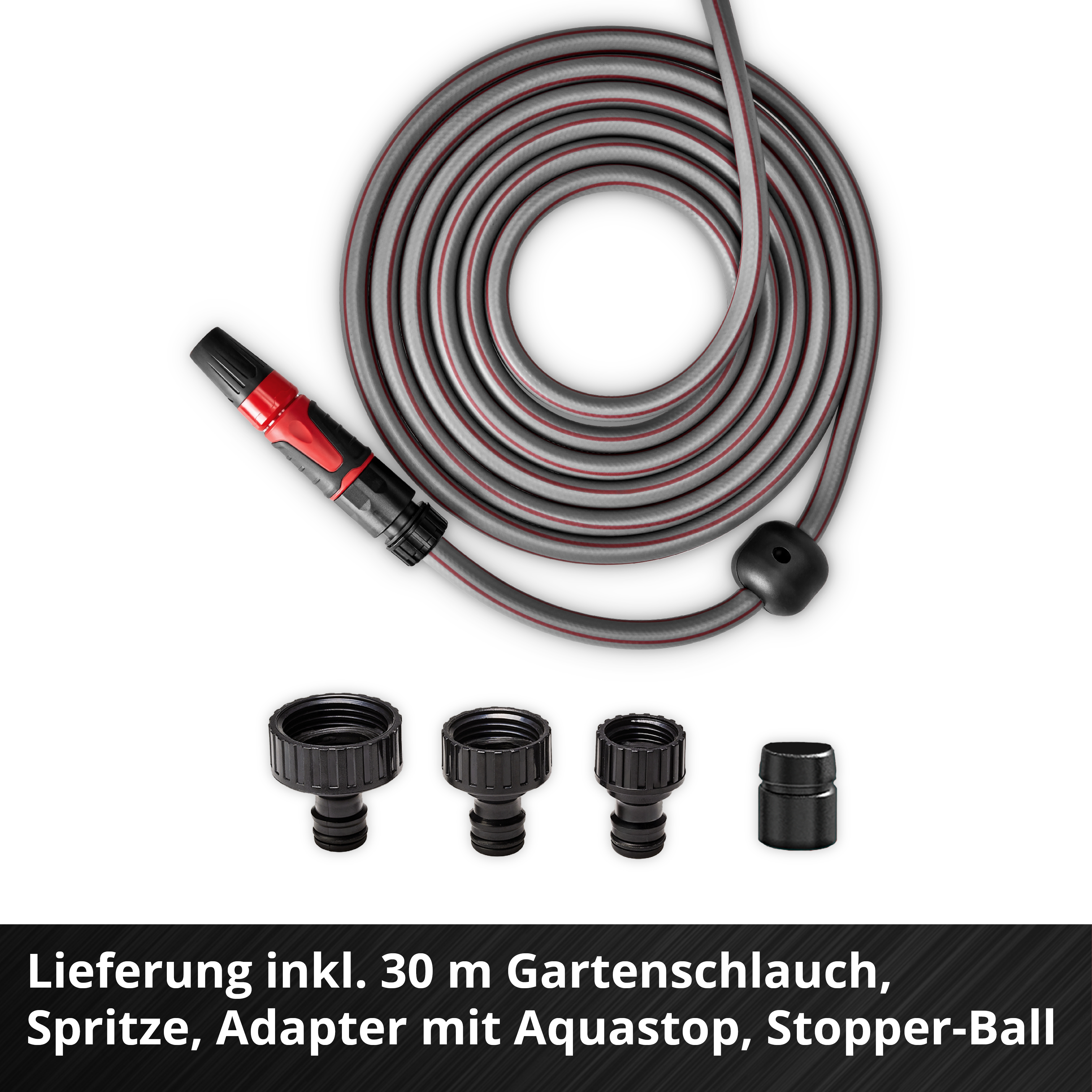 Ein aufgerollter grauer Gartenschlauch mit roten Streifen, eine schwarz-rote Düse und verschiedene schwarze Anschlüsse auf weißem Hintergrund.