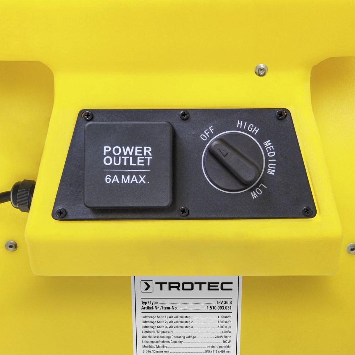 A yellow device with a power outlet and control dial. Text includes 'Power Outlet', '6A Max', and 'Trotec' branding. 