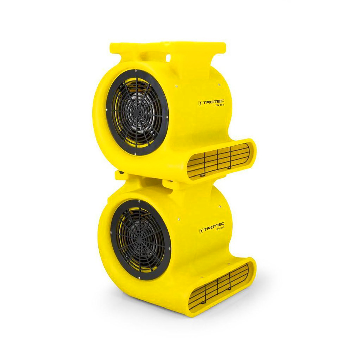Two yellow air movers stacked. Each has a black fan and grill. The brand name Trotec is visible.