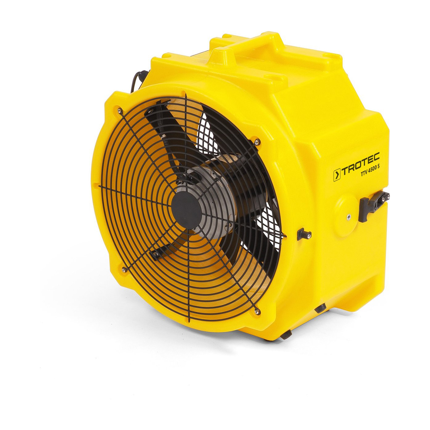 A yellow Trotec TTV 4500 S fan. It has a black grill and blades. The fan is on a white background.