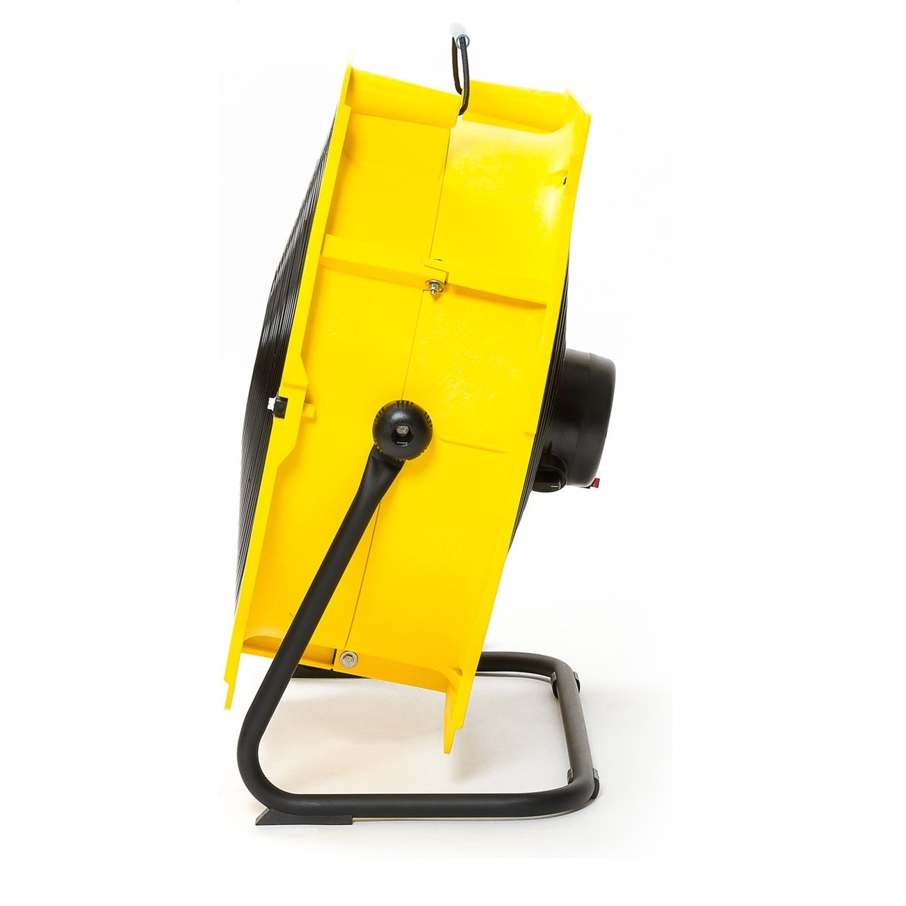 Yellow industrial fan on a black stand. The fan has a black motor housing and a black handle. The background is white.