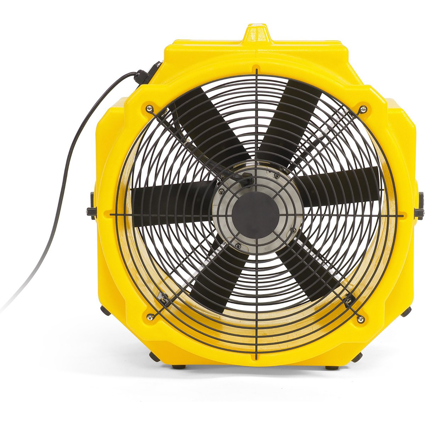 A yellow industrial fan with black blades and protective grill. A black power cord extends from the top left. The background is white.