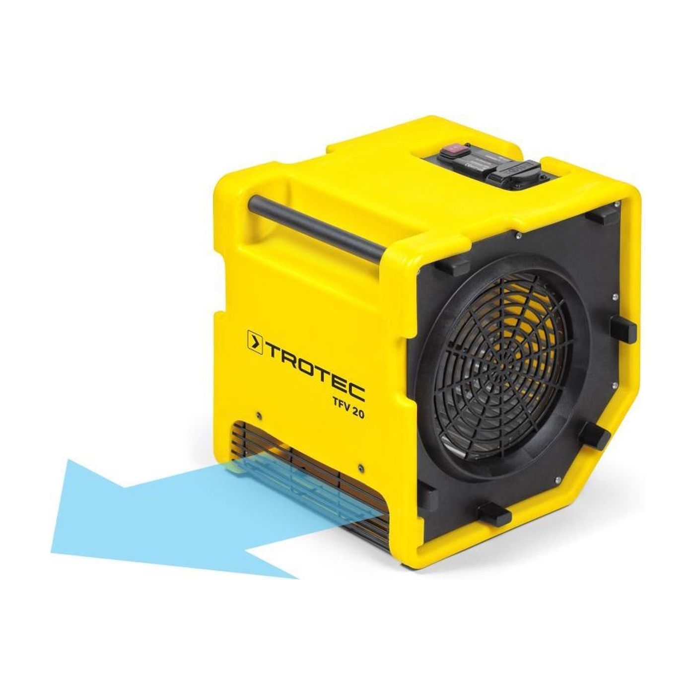 Yellow Trotec TFV 20 fan with a black front and handle. A blue arrow indicates airflow. Isolated on white.