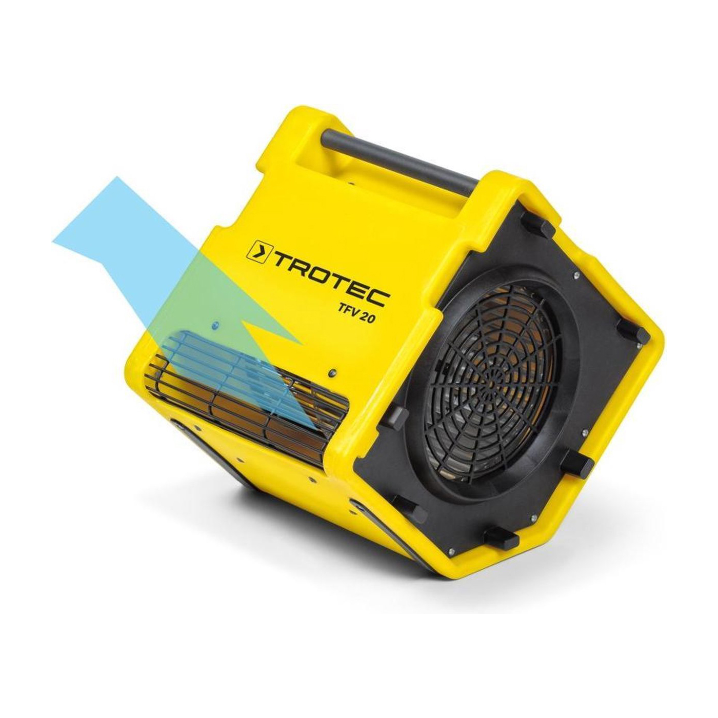 A yellow Trotec TFV 20 fan, with a blue arrow indicating airflow. It is on a white background.