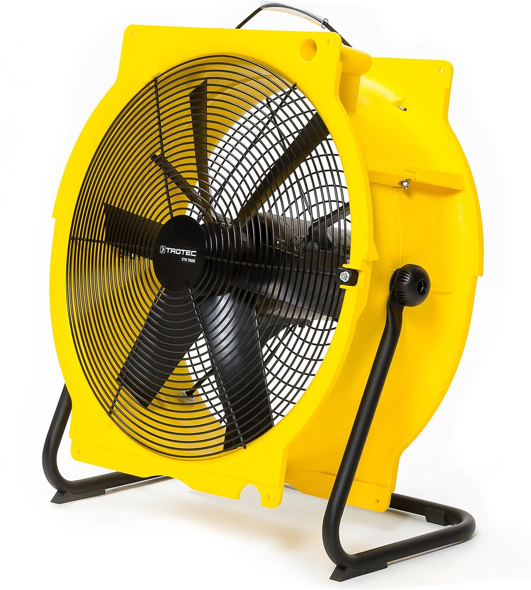 A yellow Trotec fan with black blades and a protective grill. It stands on a black metal frame against a white background.