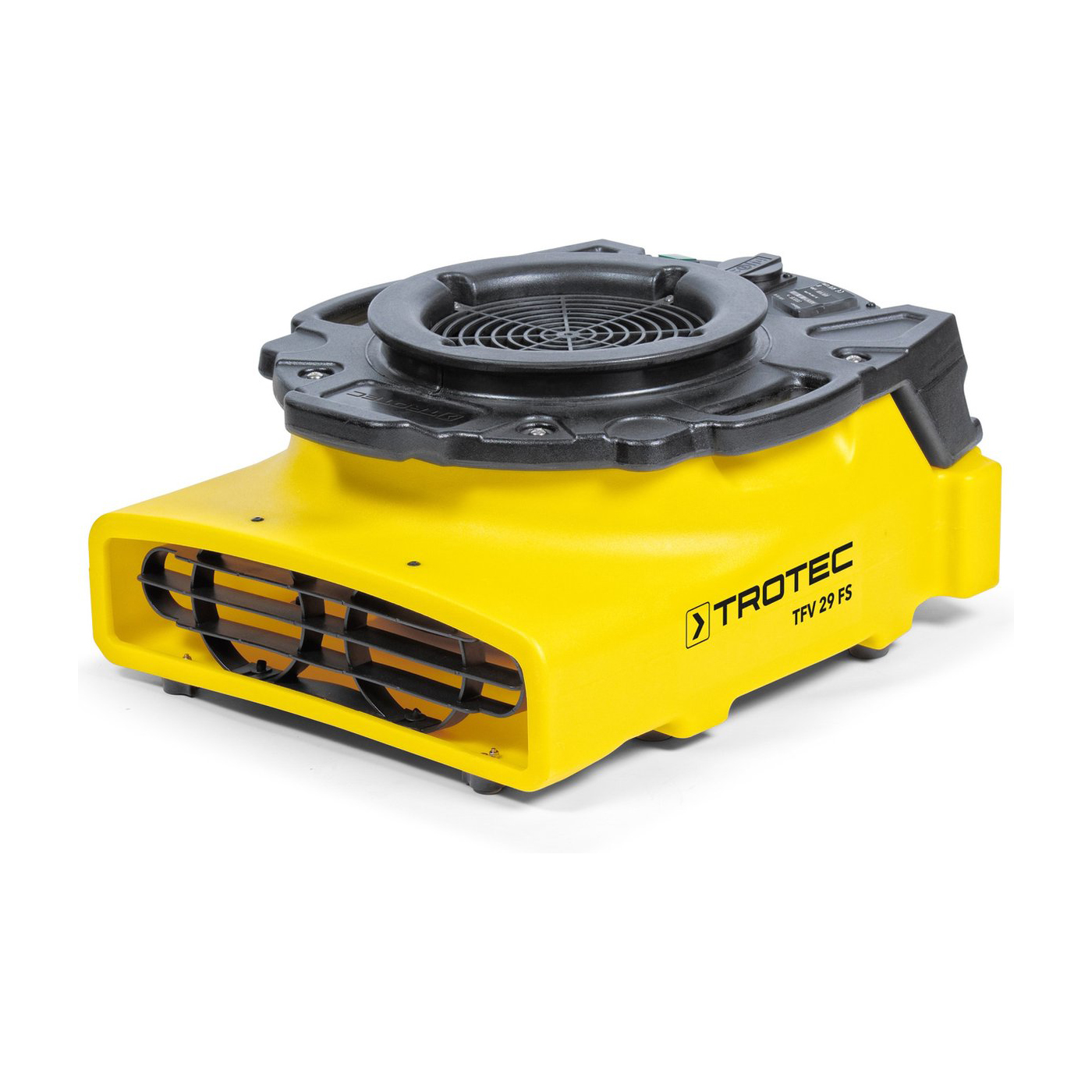 A yellow and black Trotec TFV 29 FS fan on a white background. It has a circular fan and vent on top and a rectangular body.