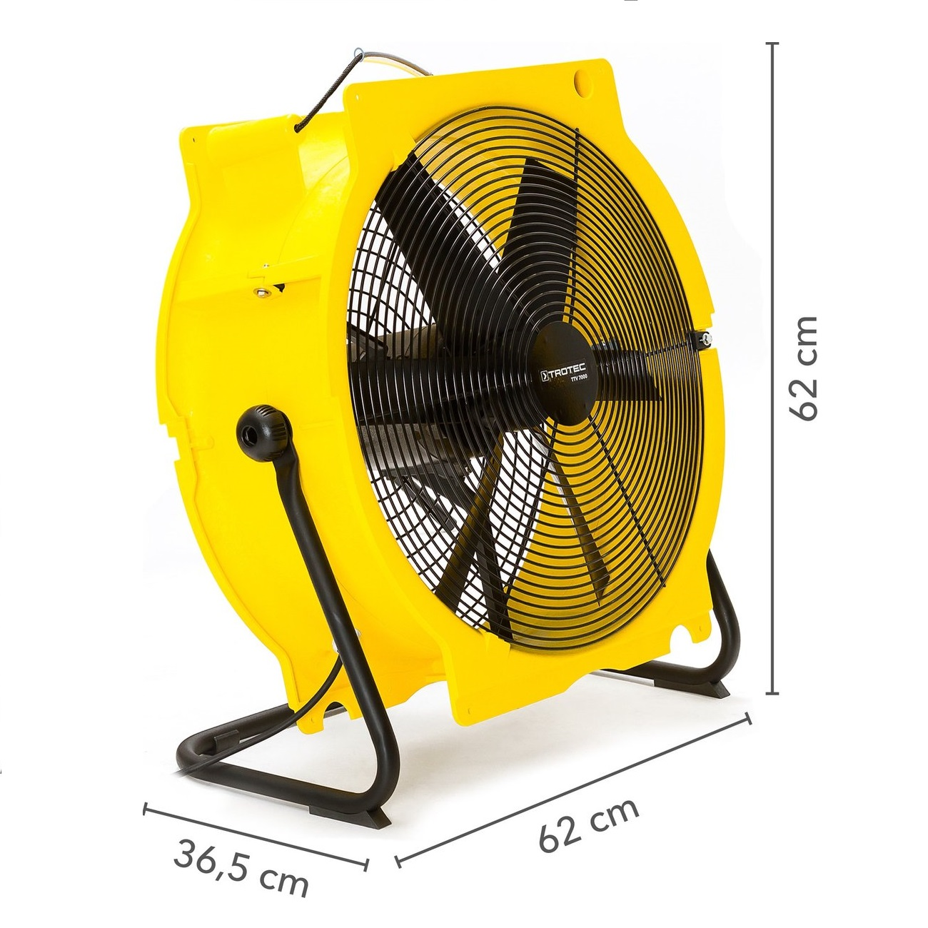A yellow industrial fan with black blades and a protective grill. It stands on a black stand. Dimensions: 62x62x36.5 cm.