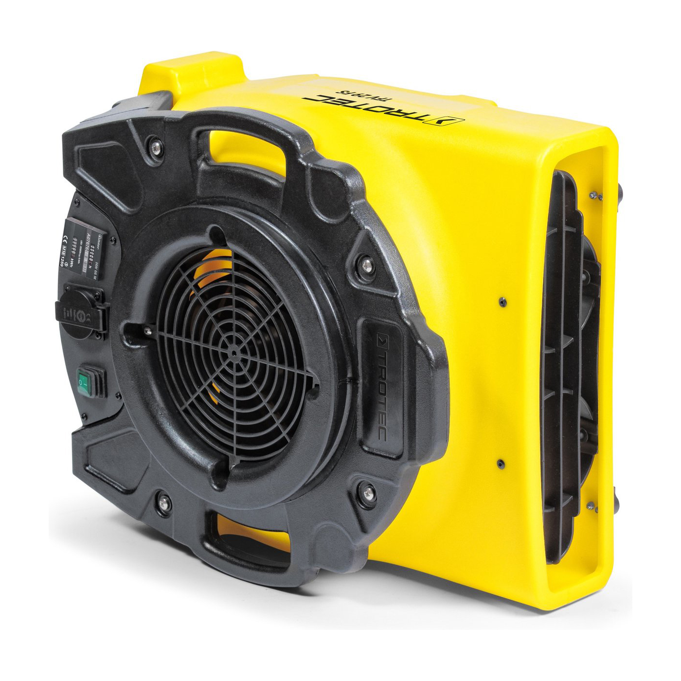A yellow and black Trotec air mover. It has a fan covered by a black grill and a handle. It is on a white background.