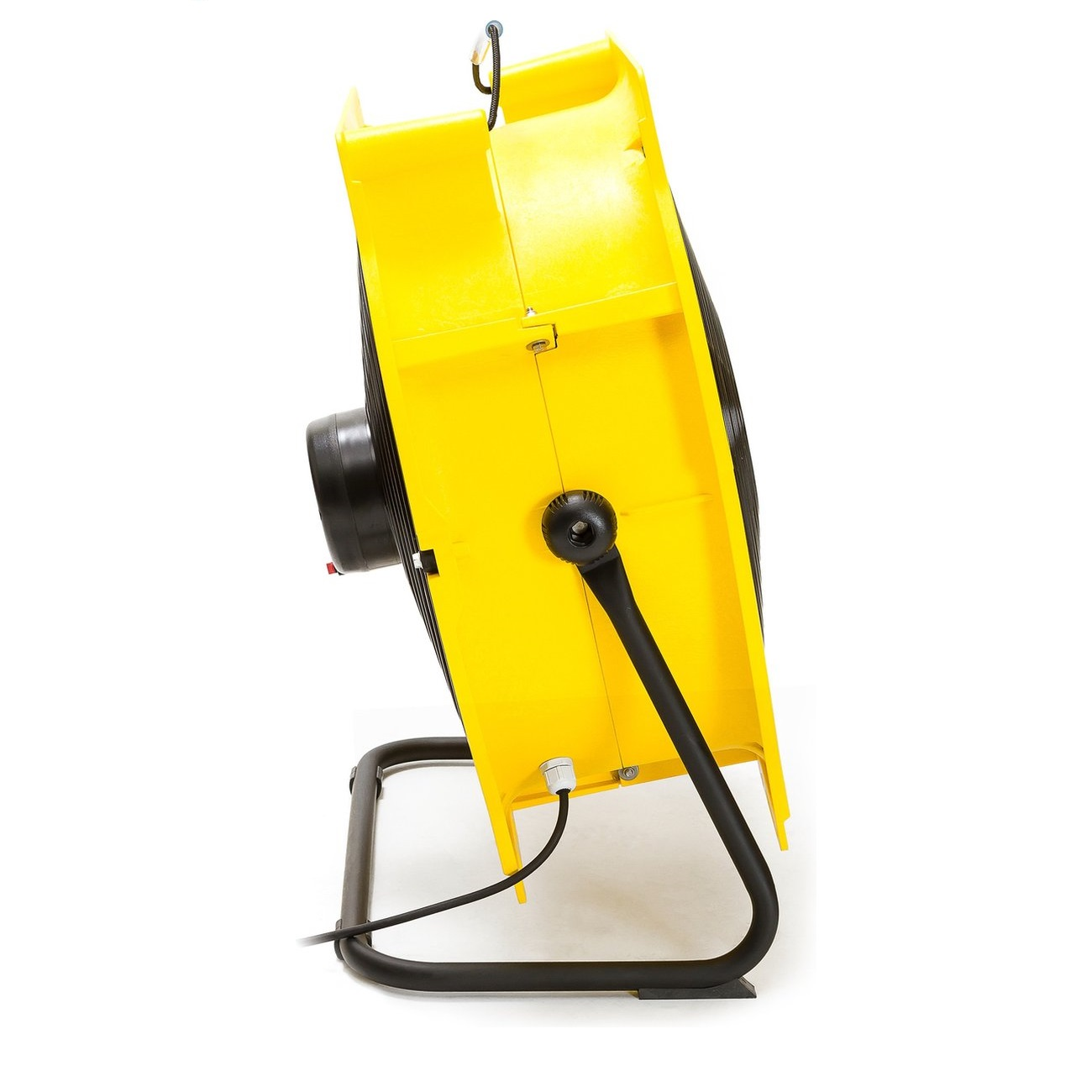 A yellow industrial fan with a black motor, stand, and handle. It is on a white background. A power cord is connected.