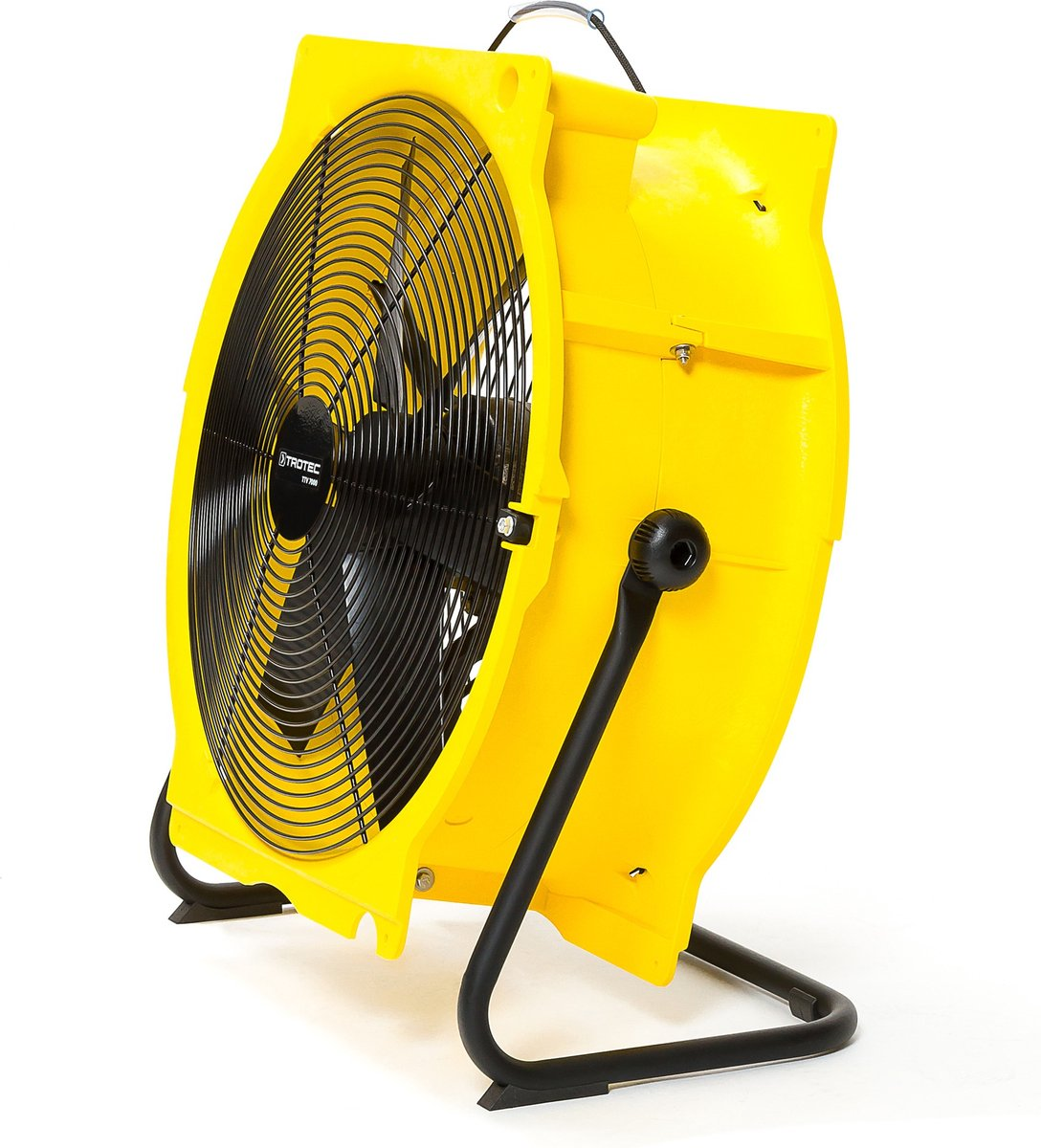 A yellow industrial fan with black blades and a black stand. The fan is against a white background.