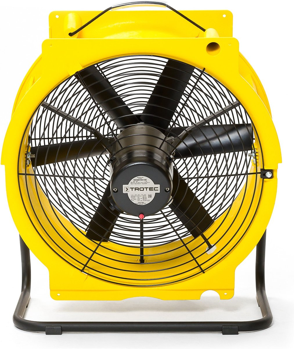 A yellow industrial fan with black blades and a protective cage. It sits on a black metal stand against a white background.