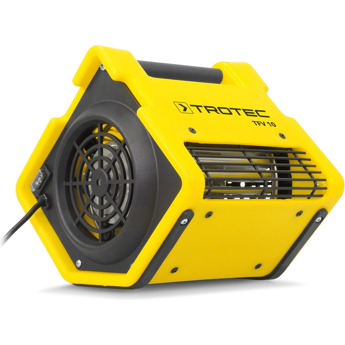 Yellow and black Trotec TFV 10 heater on white surface. Has a fan and handle, with a power cord.