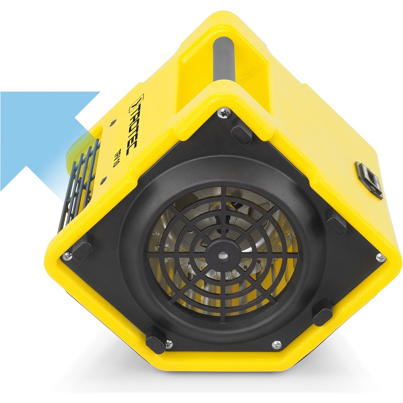 A yellow and black industrial fan. The front has a fan guard, and the body is hexagonal with a handle.