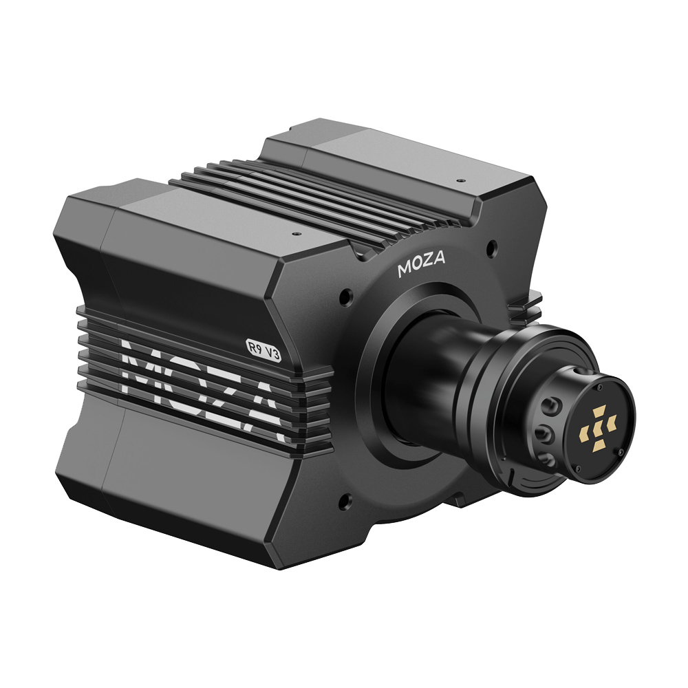 Eine schwarze MOZA R9 V3 Direct-Drive-Radbasis. Sie hat eine zylindrische Form mit einer markanten zentralen Welle und dem MOZA-Logo.
