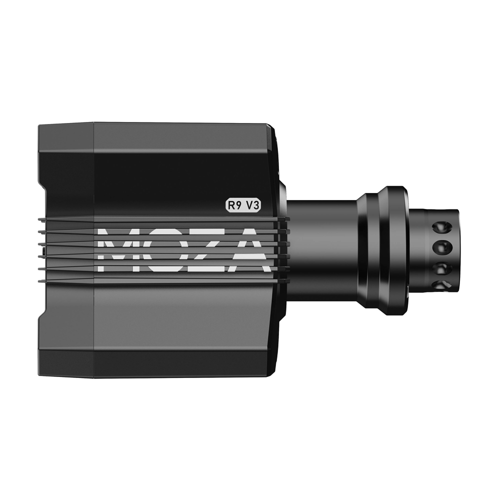 Un appareil MOZA R9 V3 noir est présenté. Il a un corps cylindrique et un corps rectangulaire. Le nom de la marque est visible.