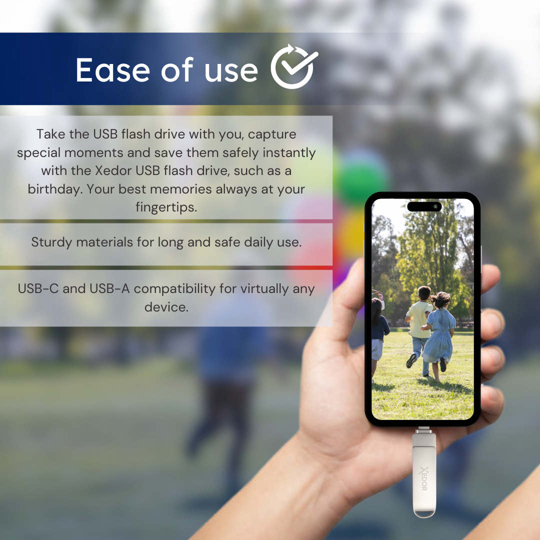 Ręka trzyma telefon z biegnącymi dziećmi. Podłączony jest pendrive. Tekst: 'Łatwość użycia' i szczegóły produktu.