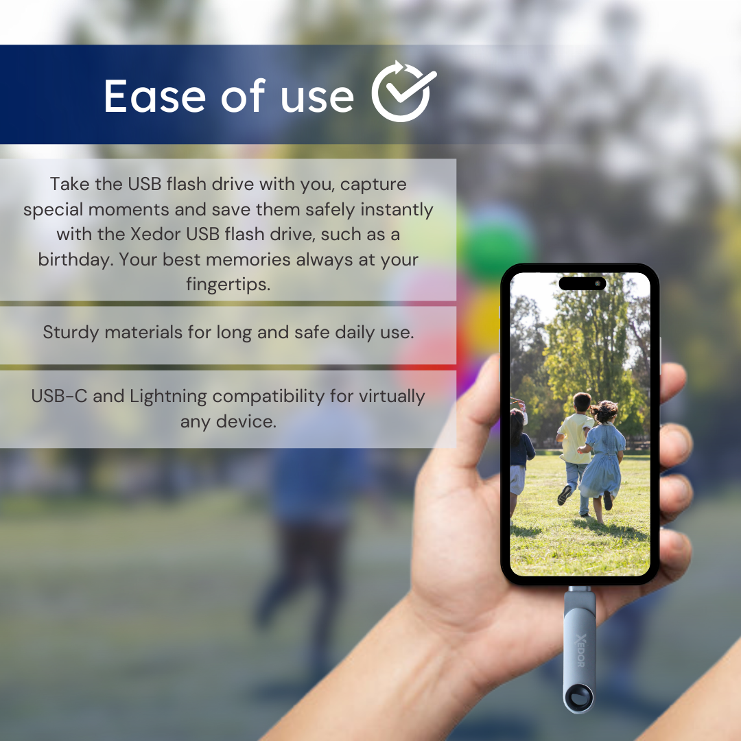 Osoba trzyma telefon, na którym widać dzieci biegające w parku. Podłączony jest pendrive. Tekst brzmi 'Łatwość użycia' i szczegóły produktu.