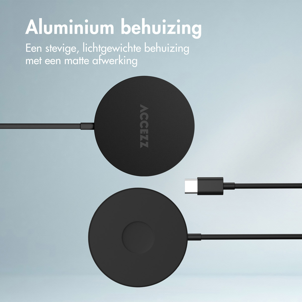 Two black circular charging pads with cables. One cable has a USB-C connector. Text at the top says 'Aluminum housing'.