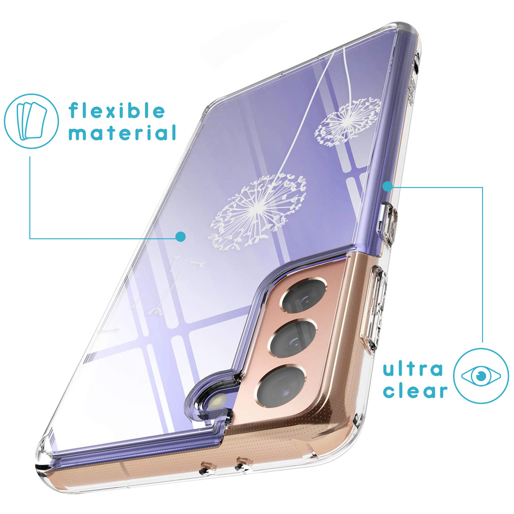 Transparante telefoonhoes met een paarse gradiënt en paardenbloemontwerp. De hoes heeft gouden accenten en labels: 'flexibel materiaal', 'ultra helder'.
