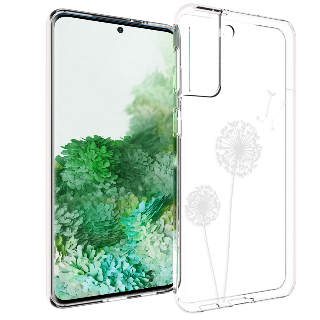 Een smartphone met een doorzichtige hoes. Het scherm toont groen gebladerte. De hoes heeft een paardenbloemontwerp.
