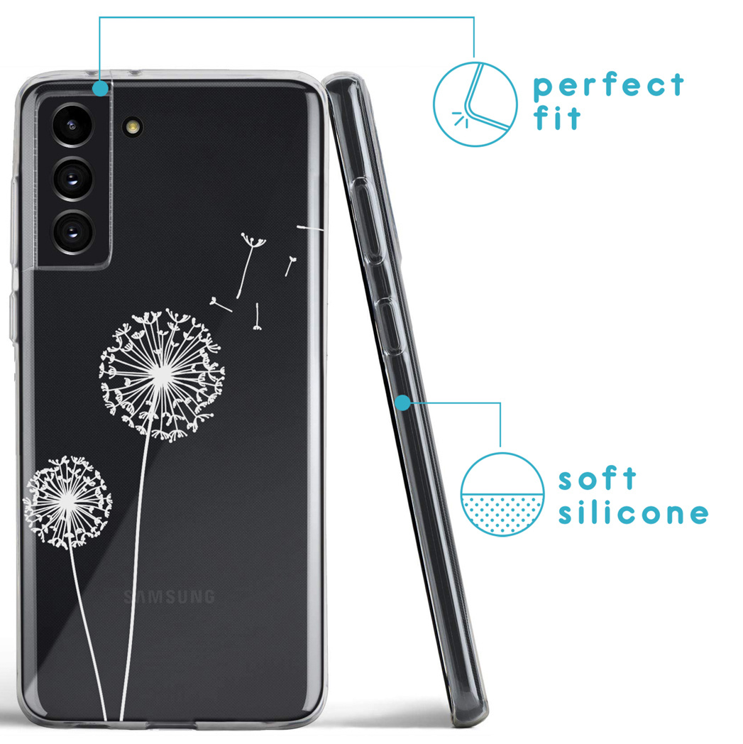 Een telefoonhoesje met een zwarte achtergrond en witte paardenbloem. De hoes is transparant. De tekst zegt perfecte pasvorm en zachte siliconen.