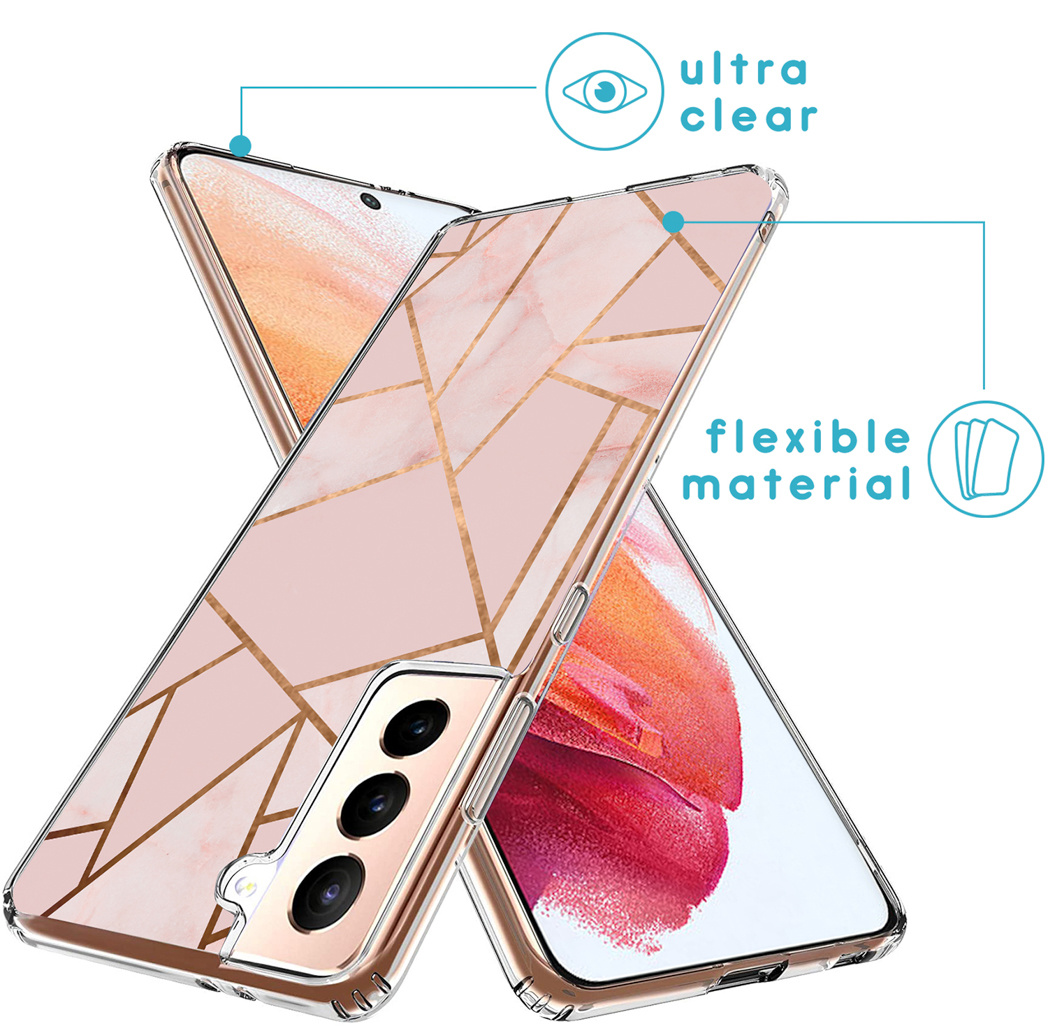 Due smartphone con custodie trasparenti. Uno mostra un motivo rosa e oro, l'altro, un design rosso e rosa. Testo: 'ultra trasparente'.