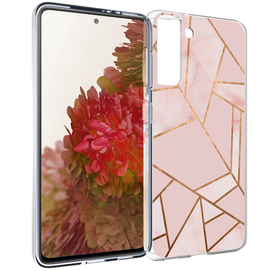 Uno smartphone con una custodia rosa a fantasia marmorea. Il telefono mostra un fiore rosso. La custodia ha linee geometriche dorate.
