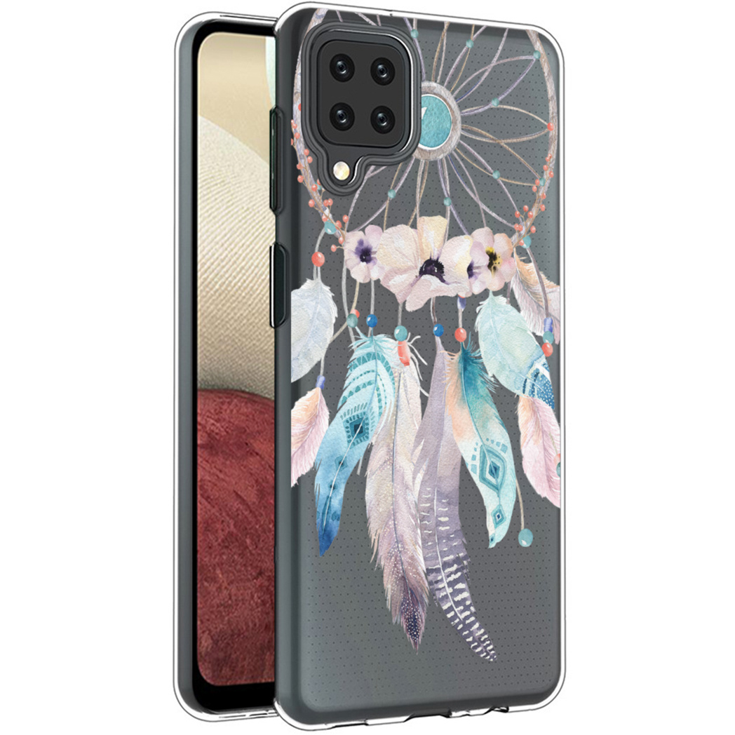Coque de téléphone avec motif attrape-rêves. Plumes bleues, violettes et roses. Fleurs et perles décorent la coque.