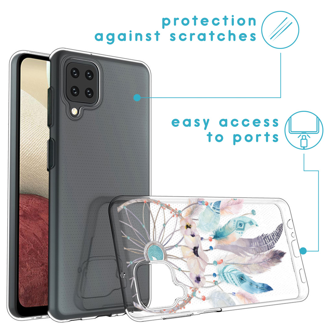 Coque de téléphone avec motif attrape-rêves. Protection contre les rayures et accès facile aux ports. Coque transparente et grise.